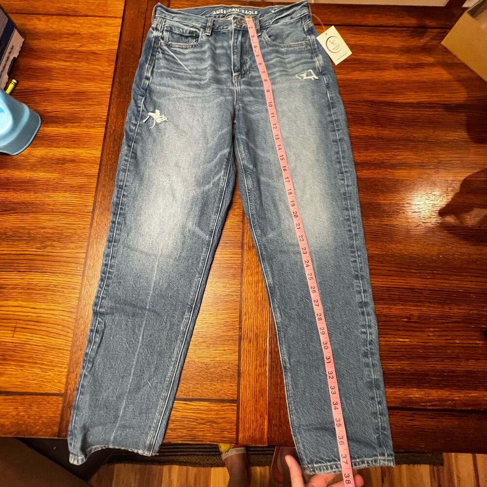 American Eagle AE Blue Denim Jean Straight Regular Destructed Distressed Size 4 - Picture 6 of 10